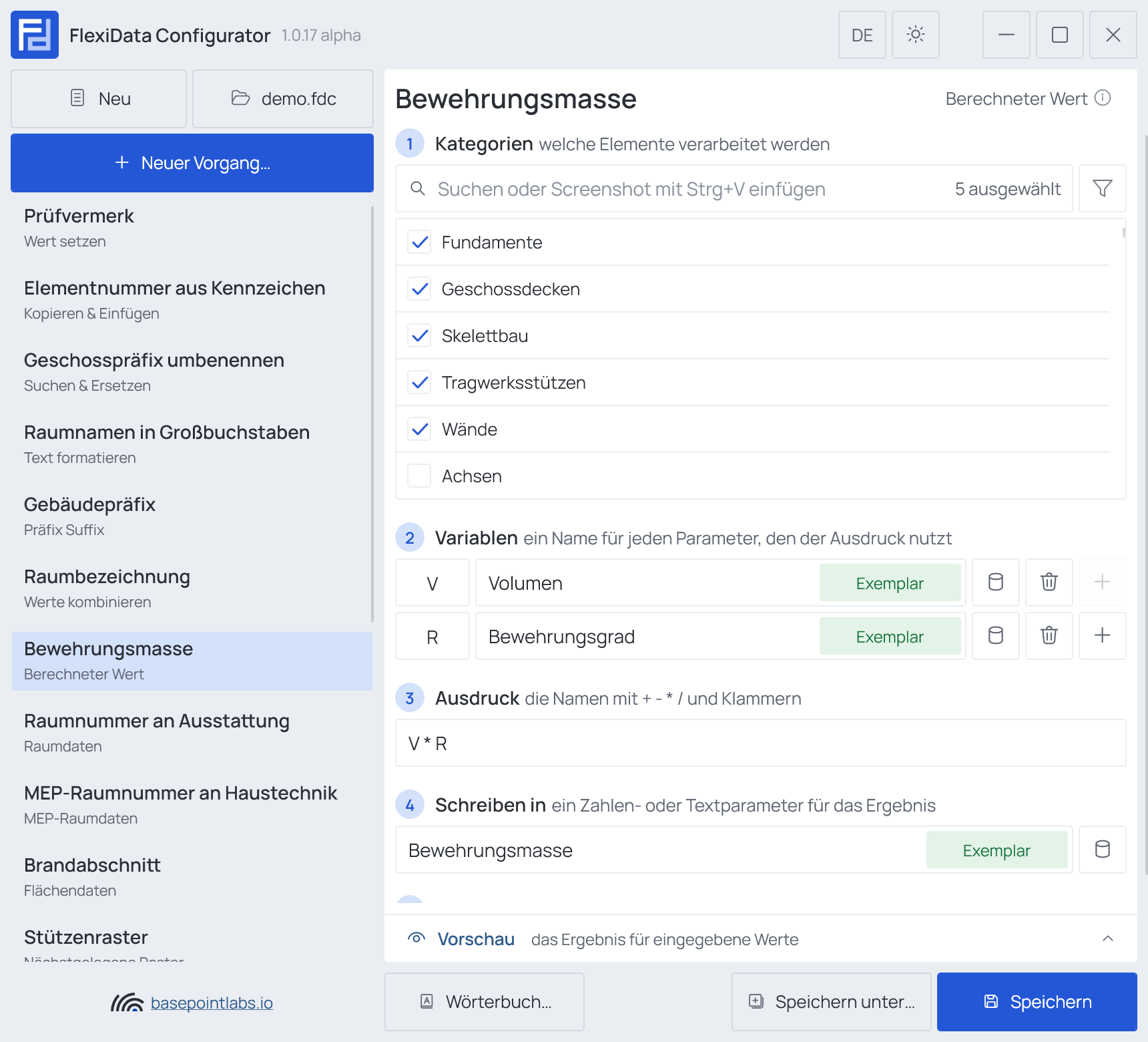 Ein Vorgang „Berechneter Wert“ mit zwei Variablen und dem Ausdruck, Weitere Einstellungen eingeklappt