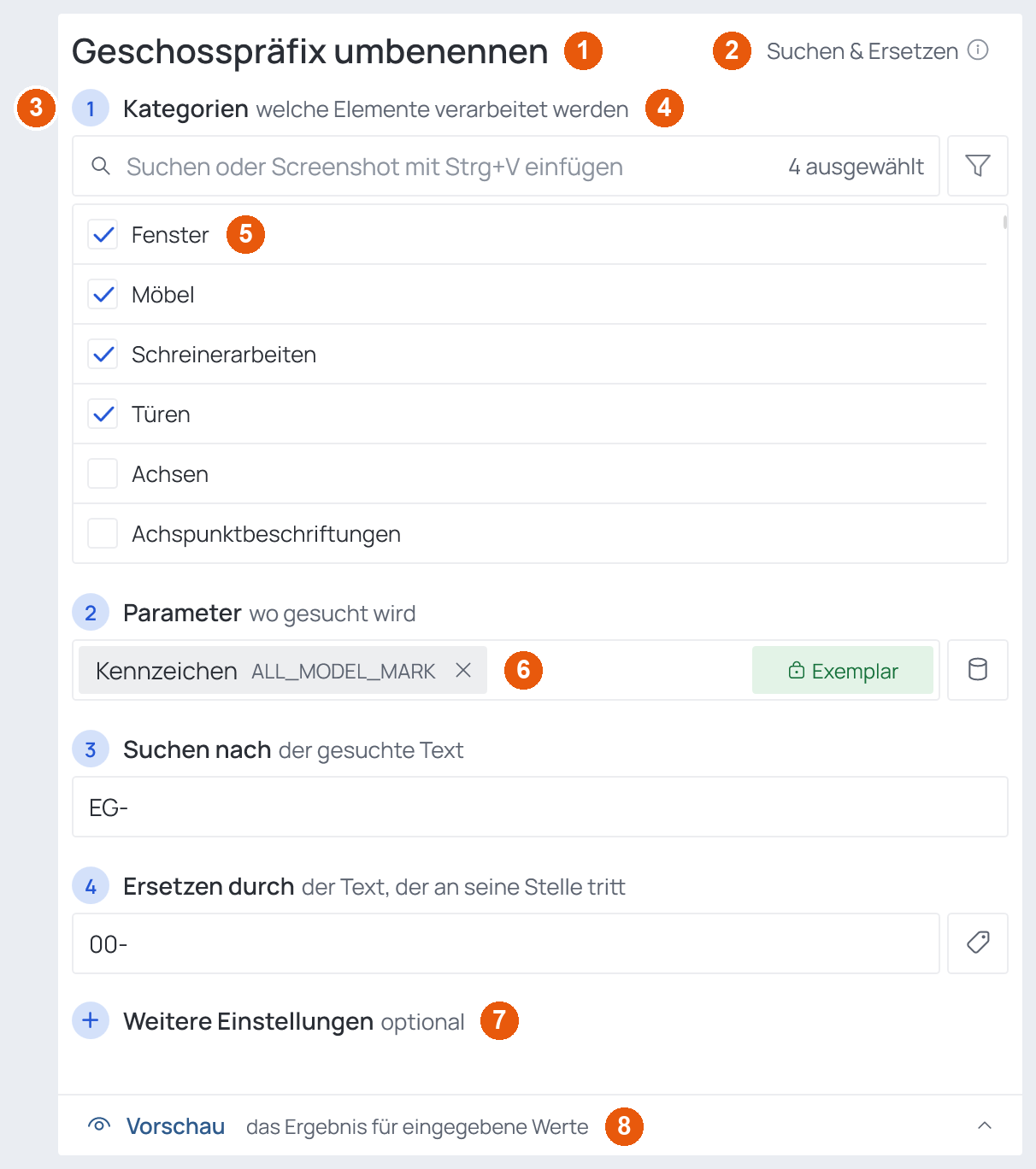 Eine Vorgangskarte Suchen & Ersetzen mit nummerierten Teilen