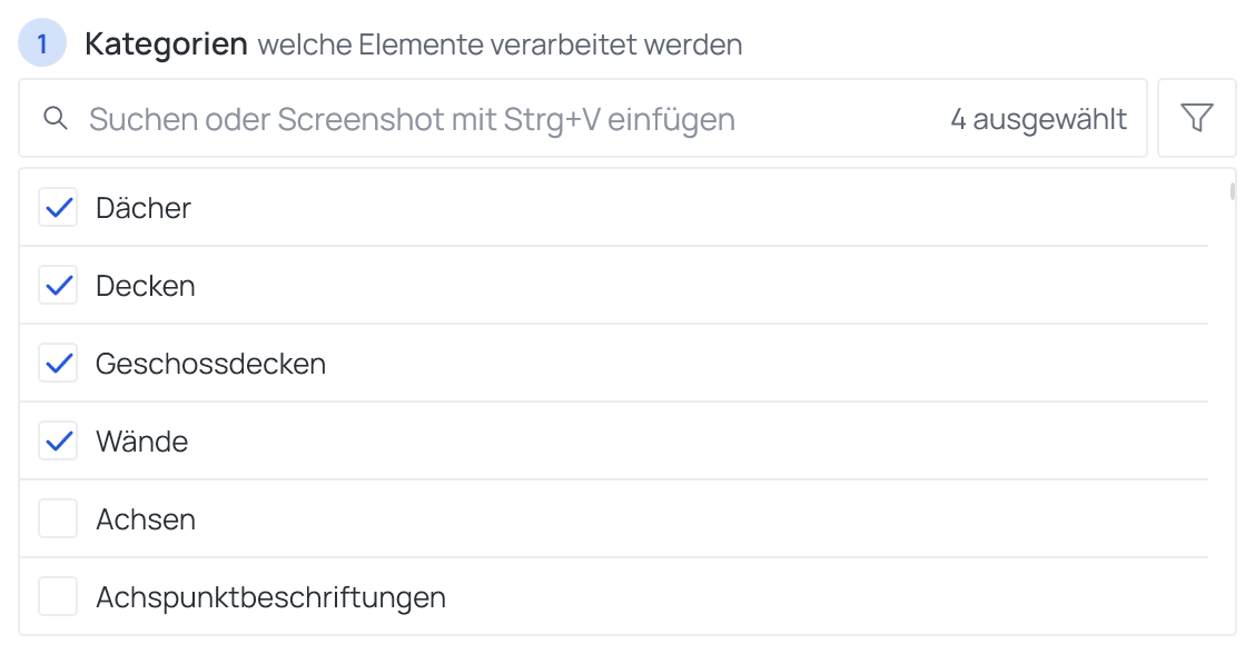 Der obere Teil einer Vorgangskarte: Schritt 1 Kategorien mit vier angehakten Kategorien