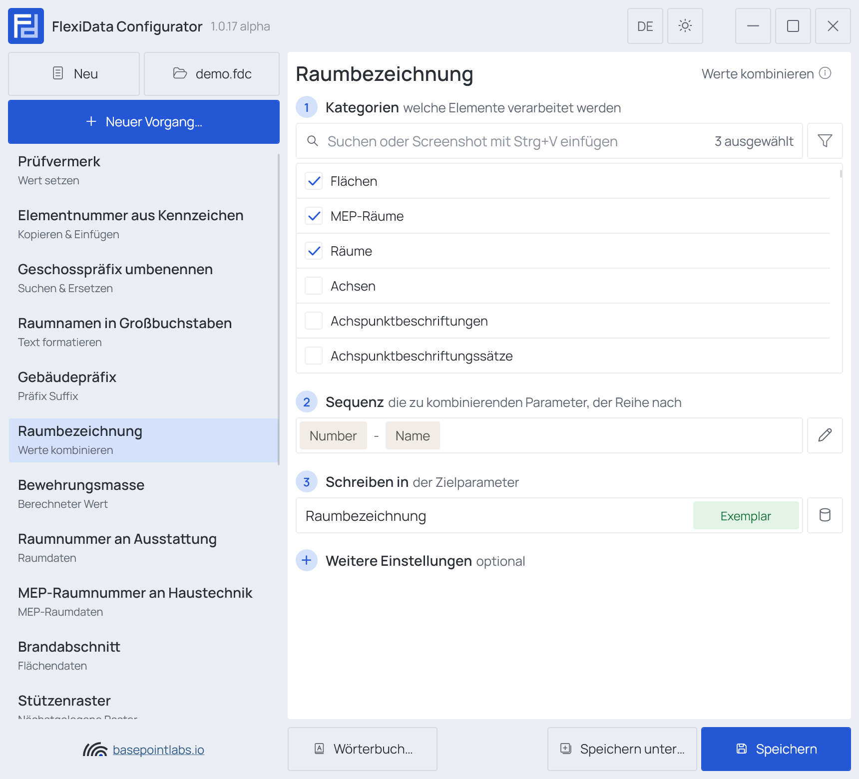 Ein Vorgang „Werte kombinieren“ mit zwei Teilen, Nummer und Name, in der Zeile Sequenz, Weitere Einstellungen eingeklappt