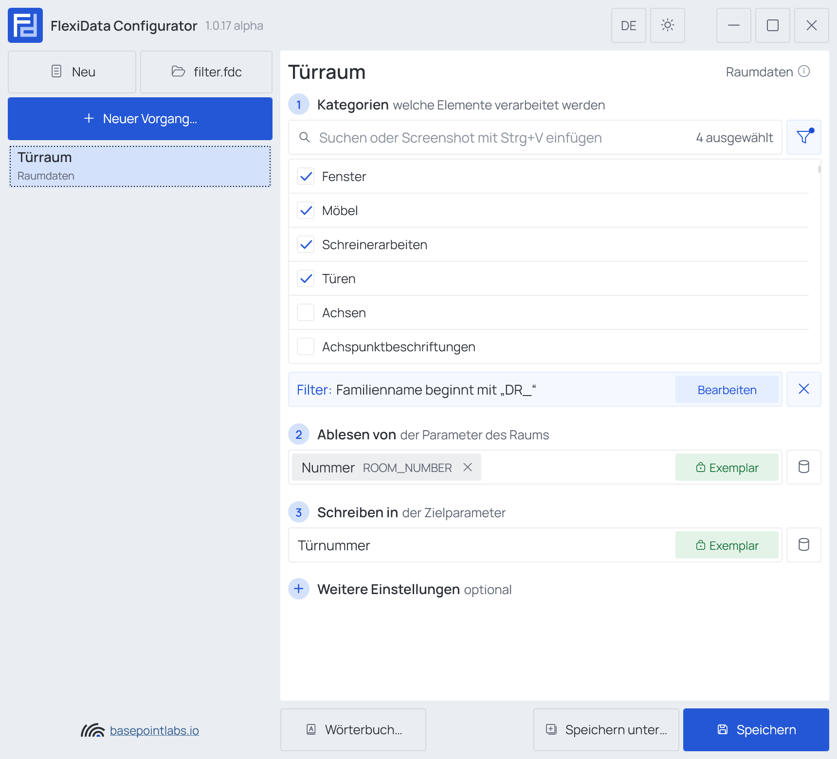 Der Filter zu einer Zeile unter der Kategorieliste zusammengeklappt: Filter: Familienname beginnt mit „DR_“, Bearbeiten und ✕, und der Punkt am Trichter