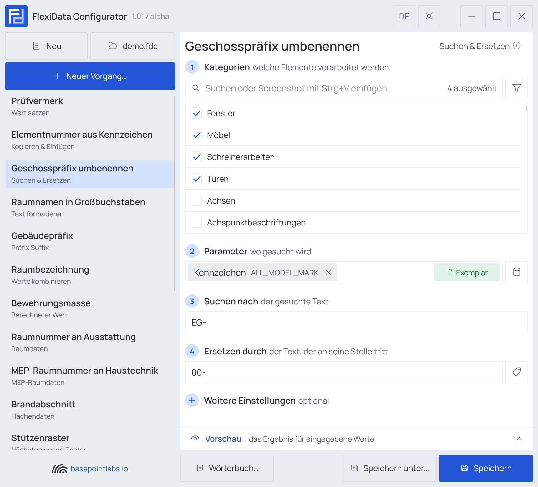 Ein Vorgang „Suchen & Ersetzen“: seine Schritte, Weitere Einstellungen eingeklappt