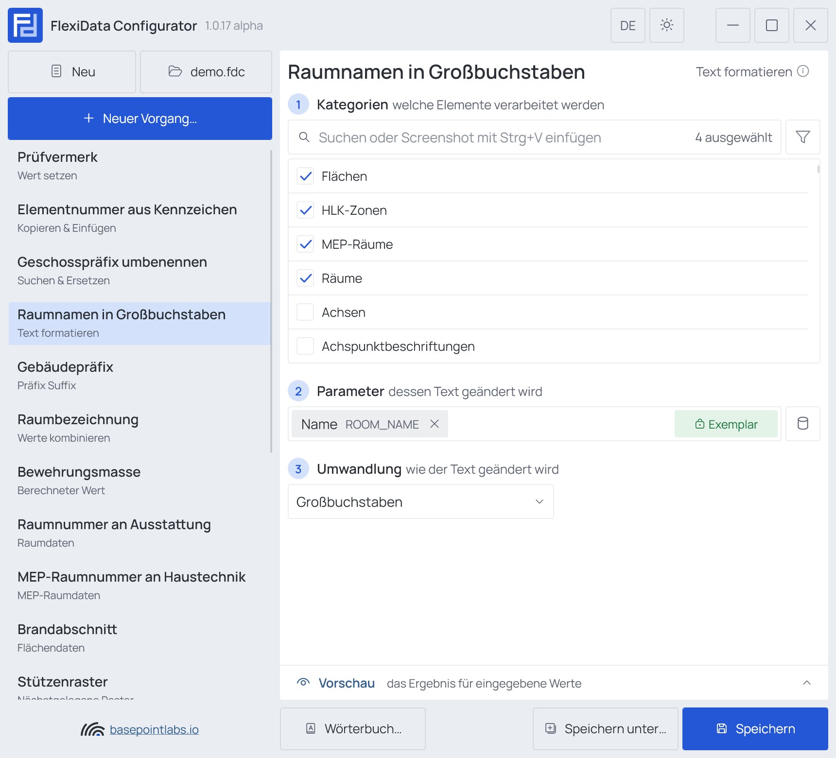 Ein Vorgang „Text formatieren“, auf Großbuchstaben eingestellt