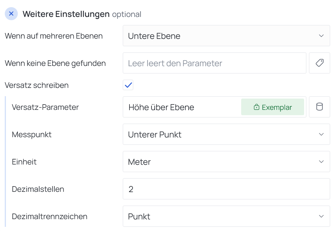 Weitere Einstellungen eines Vorgangs „Ebene“ mit aktivem Versatz schreiben