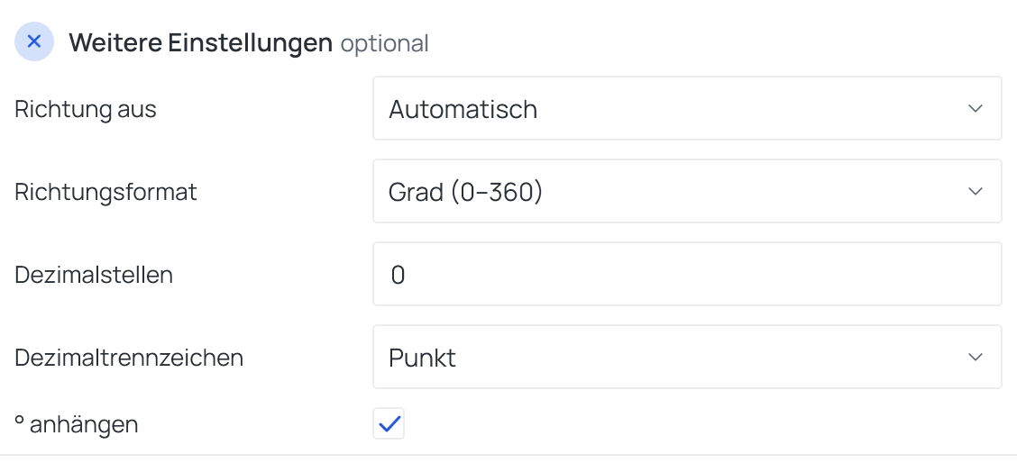 Weitere Einstellungen bei Ausrichtung: Richtung aus, Richtungsformat auf Grad, Dezimalstellen, Dezimaltrennzeichen und ° anhängen