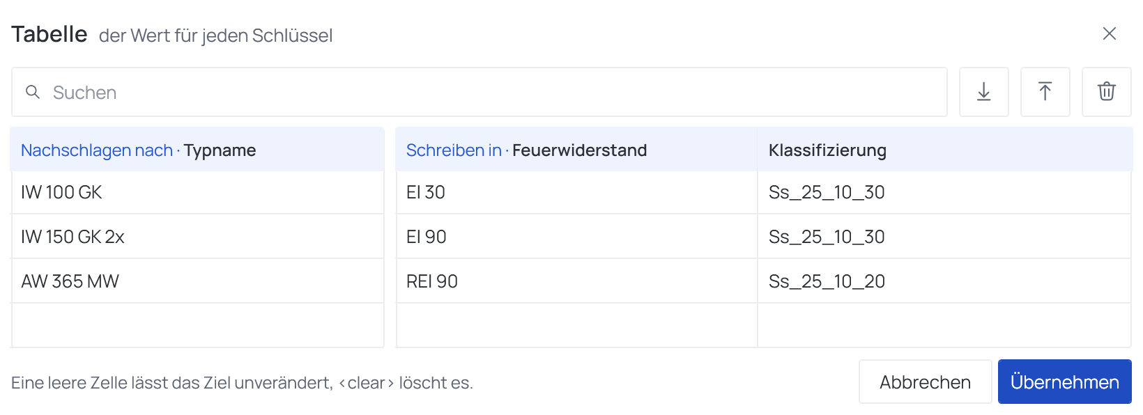 Der Dialog Tabelle: die Suche mit Importieren, Exportieren und Leeren daneben, Nachschlagen nach und Schreiben in als zwei Tabellen, der Hinweis zu leeren Zellen in der Fußzeile