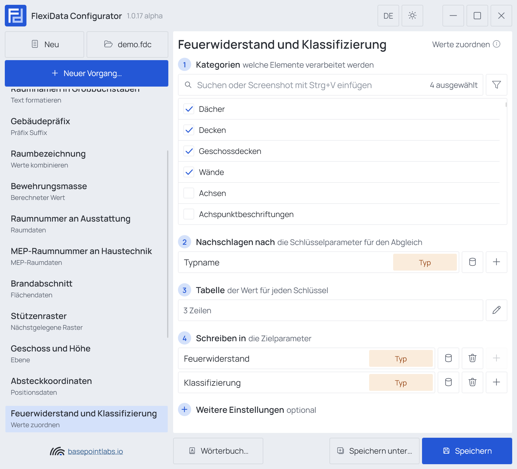 Ein Vorgang „Werte zuordnen“ wie im Beispiel: Nachschlagen nach, die Karte Tabelle mit „3 Zeilen“, Schreiben in mit zwei Parametern