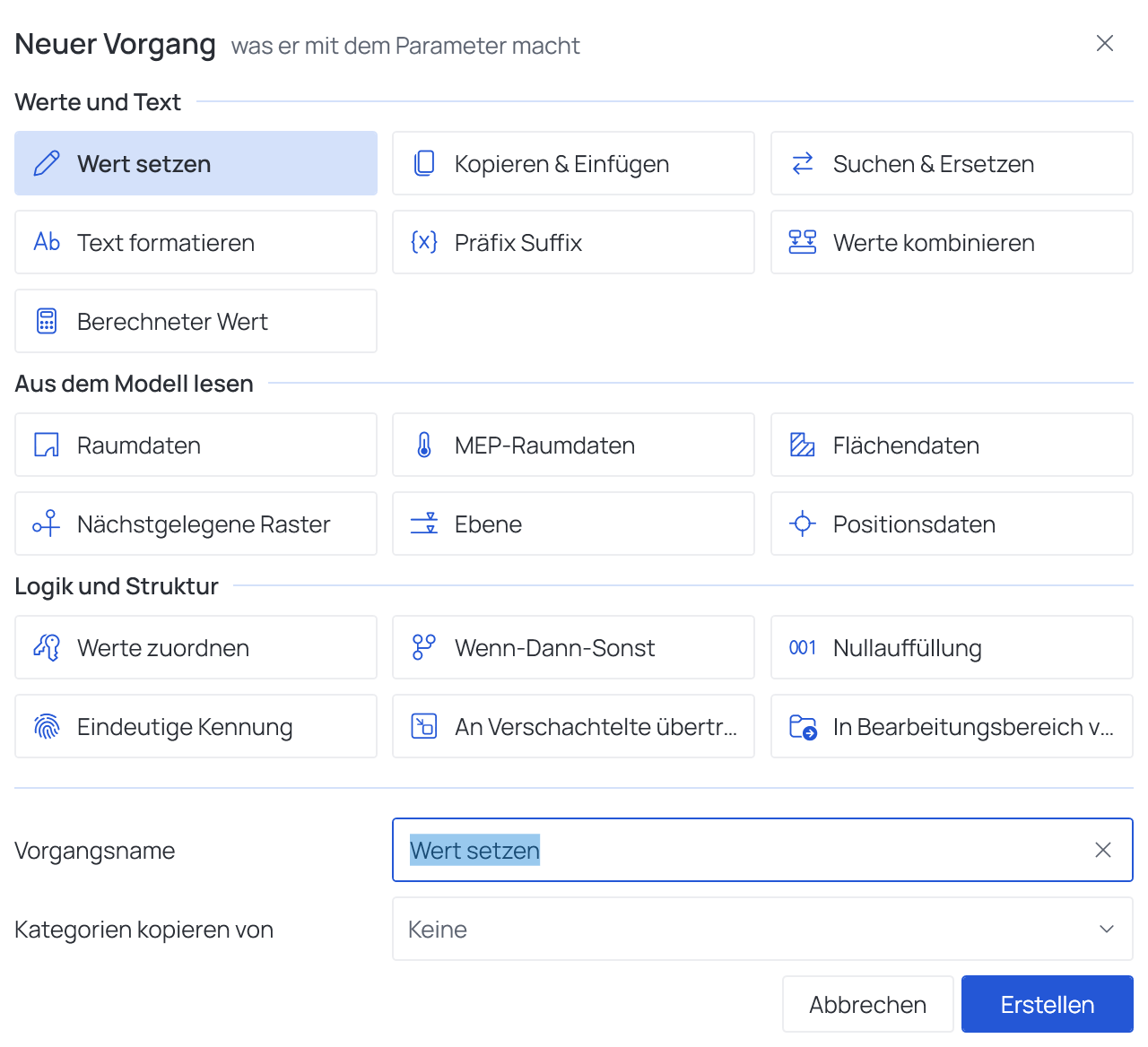 Der Dialog Neuer Vorgang: Kacheln in ihren Gruppen, unten Vorgangsname und Kategorien kopieren von, Abbrechen und Erstellen