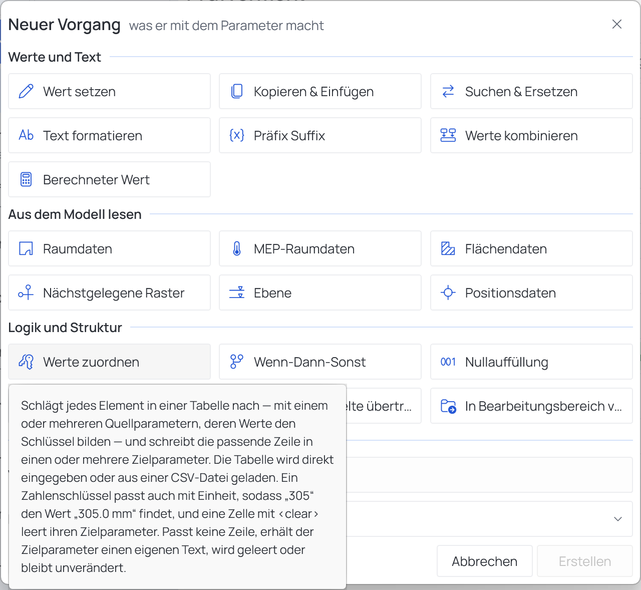 Der Dialog „Neuer Vorgang“ mit seinen drei Kachelgruppen; der Mauszeiger ruht auf „Werte zuordnen“, sodass dessen Beschreibung erscheint