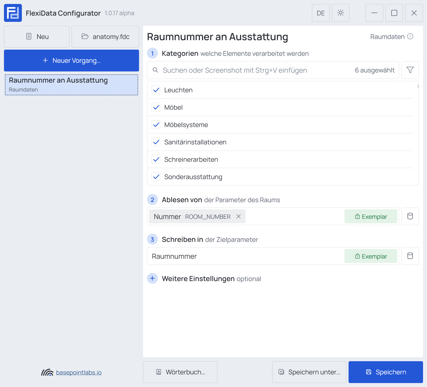 Ein Vorgang Raumdaten im Configurator: sechs Ausstattungskategorien auf einmal, der gelesene Raumparameter und der geschriebene Parameter