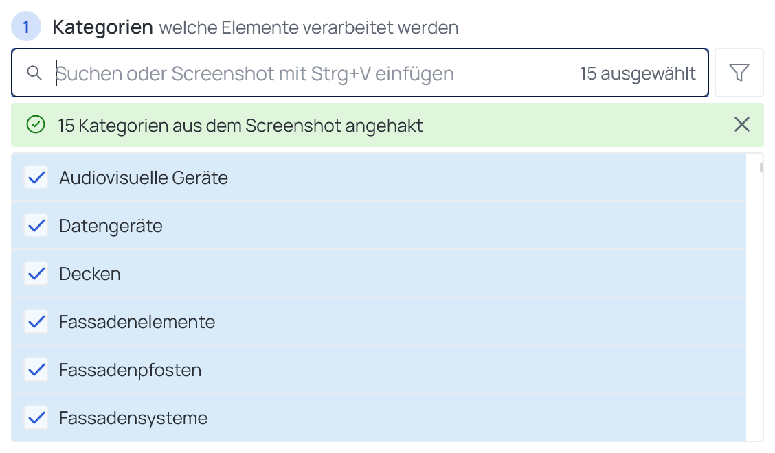 Dieselben fünfzehn Kategorien im deutschen Configurator angehakt: 15 Kategorien aus dem Screenshot angehakt, 15 ausgewählt, die neuen Zeilen oben farbig hinterlegt