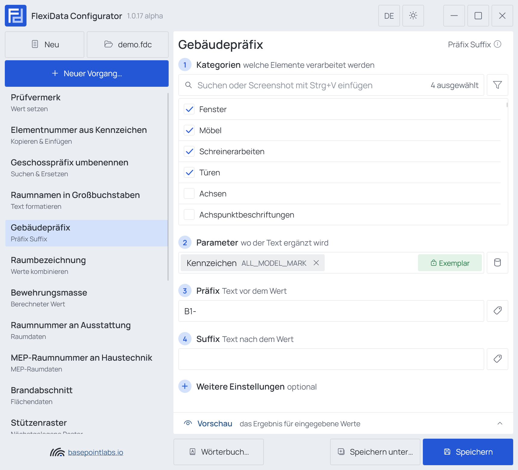 Ein Vorgang „Präfix Suffix“ mit beiden Texten ausgefüllt, Weitere Einstellungen eingeklappt