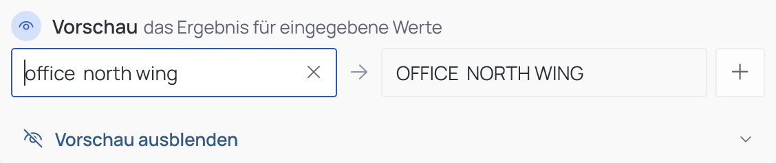 Die Vorschau-Leiste von Text formatieren: ein Beispielwert und was Großbuchstaben daraus macht
