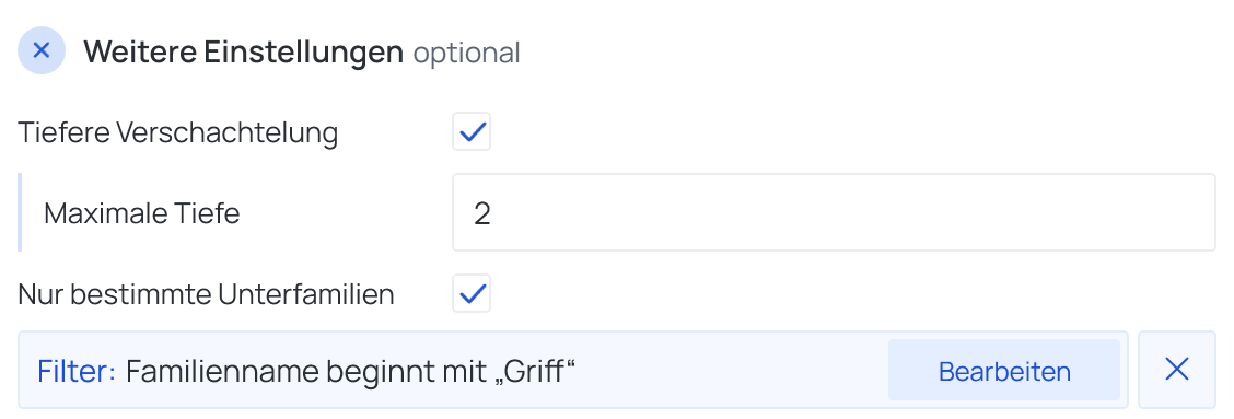 Nur bestimmte Unterfamilien angehakt: der Filter verschachtelter Familien eingeklappt zu Familienname beginnt mit „Griff“