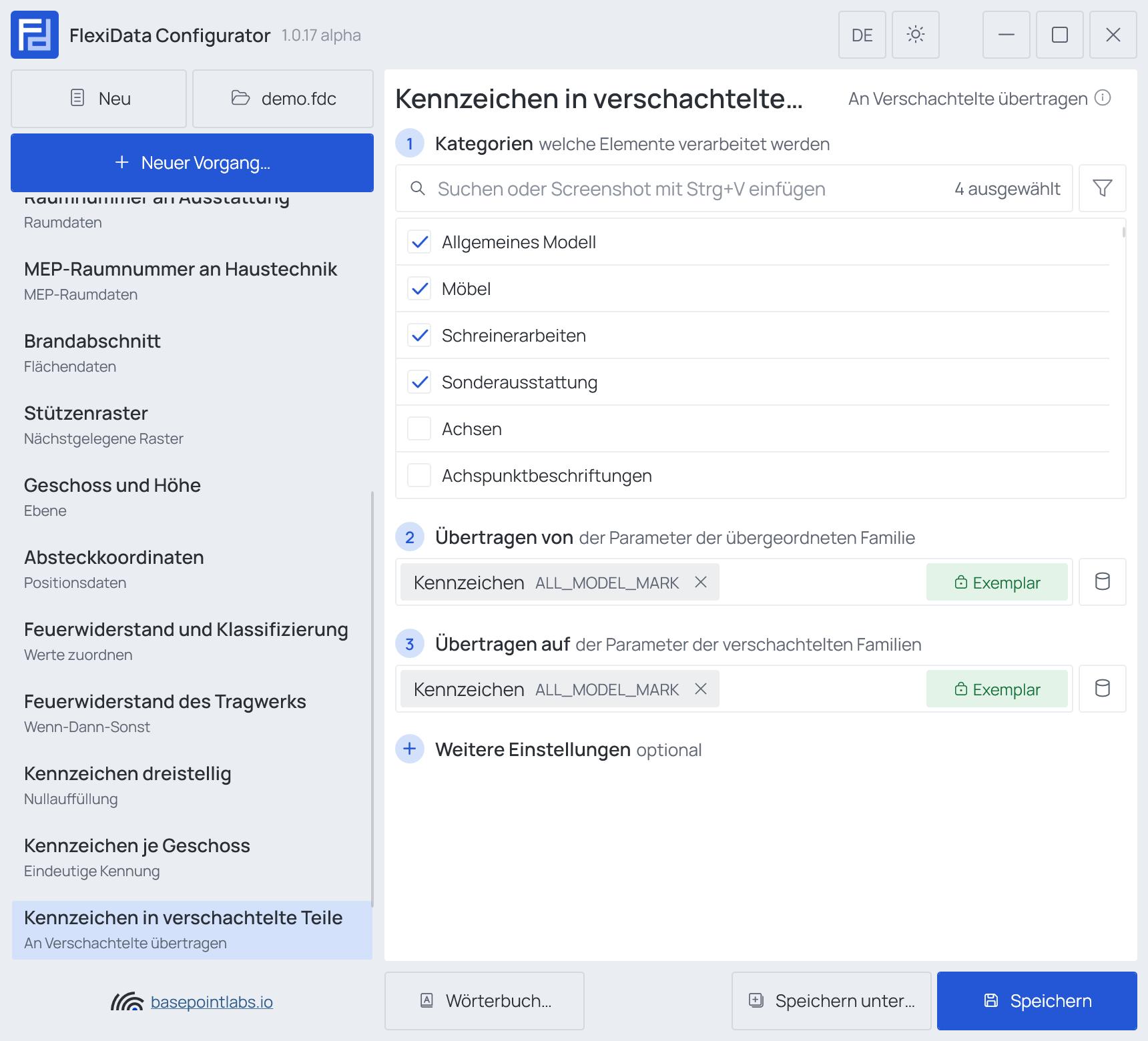 Ein Vorgang „An Verschachtelte übertragen“: seine Schritte, Weitere Einstellungen eingeklappt