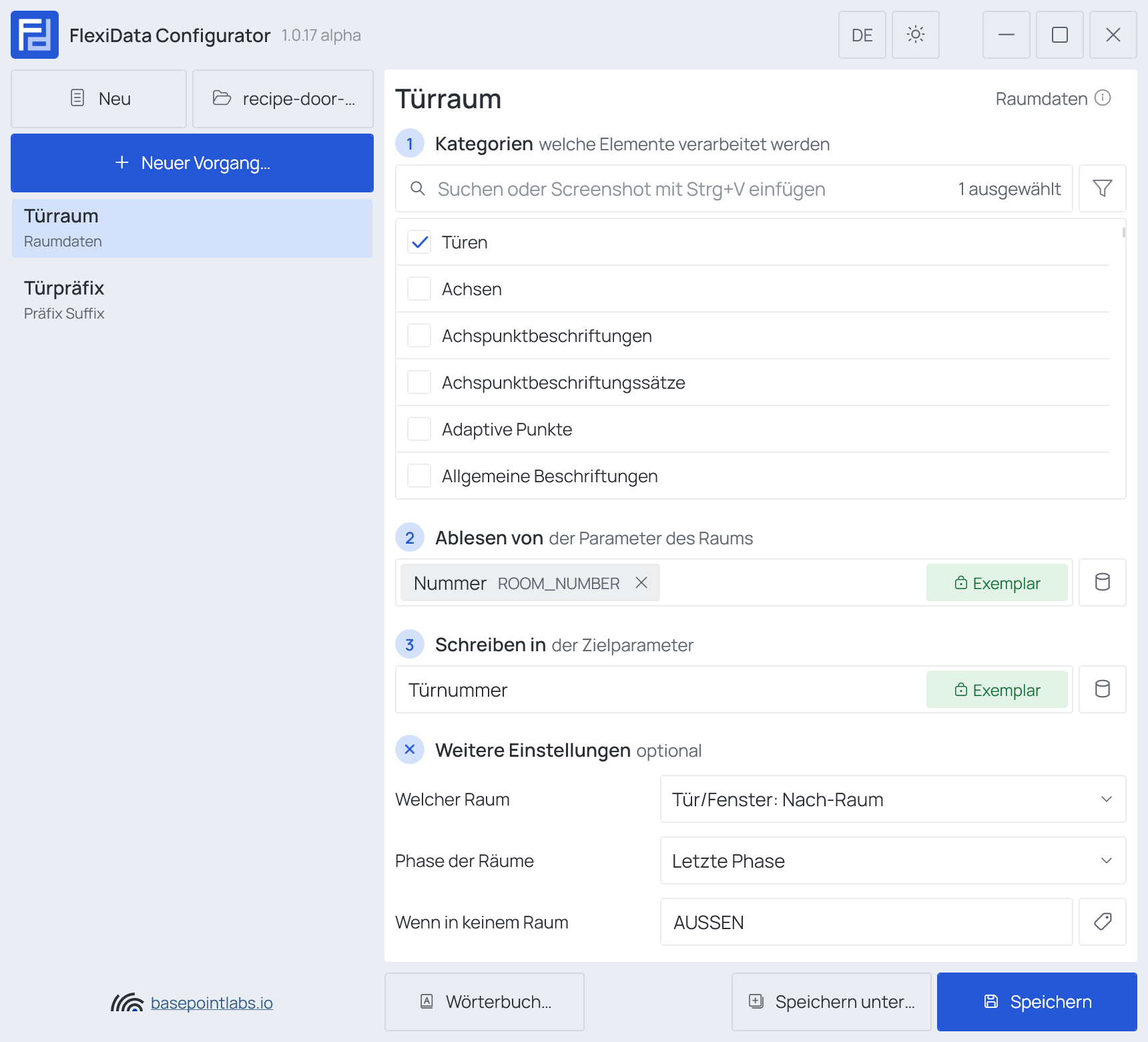 Der Configurator mit beiden Vorgängen in der Liste, Türraum ausgewählt und Welcher Raum auf Tür/Fenster: Nach-Raum gestellt