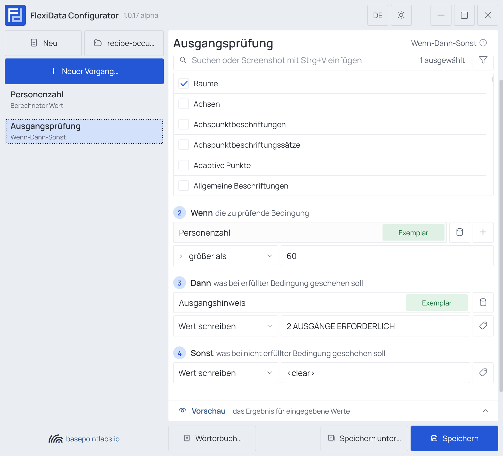Beide Vorgänge in der Liste, Ausgangsprüfung ausgewählt, mit sichtbarer Bedingung, Dann und Sonst