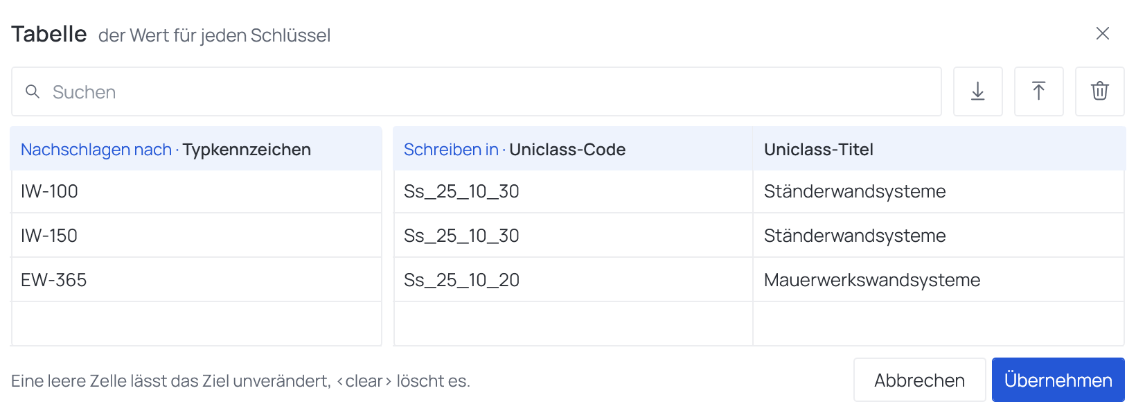 Der Dialog Tabelle dieses Rezepts nach dem Import: drei Zeilen, Nachschlagen nach und Schreiben in nebeneinander