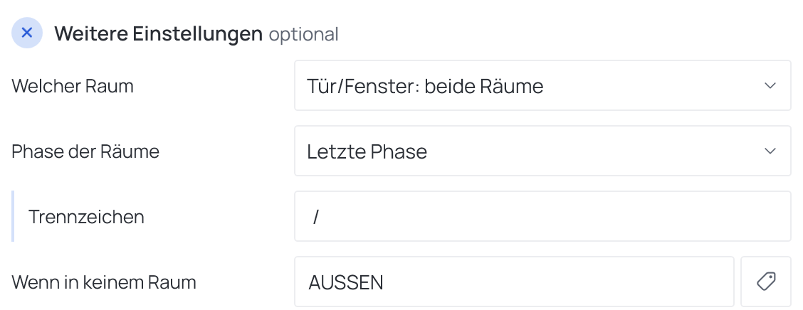 Ein Vorgang nur auf Türen und Fenstern, Welcher Raum auf Tür/Fenster: beide Räume, mit Trennzeichen und Wenn in keinem Raum