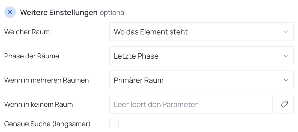 Weitere Einstellungen eines Vorgangs „Raumdaten“ mit aufgeklapptem Welcher Raum