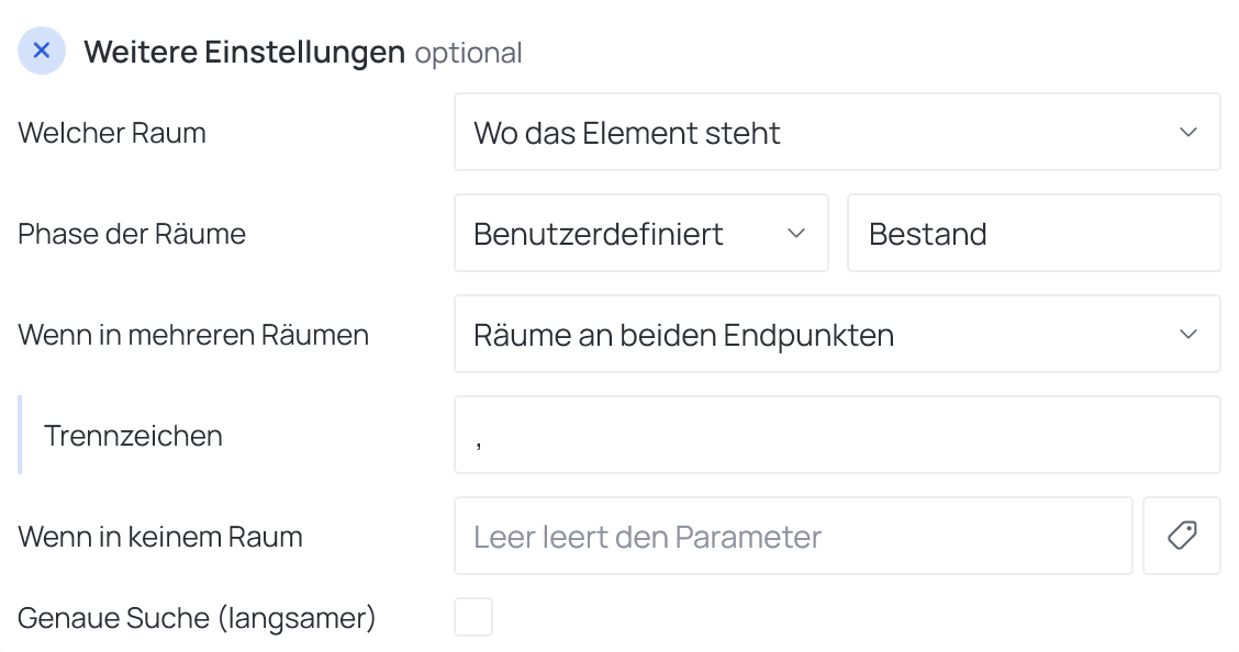 Phase der Räume auf Benutzerdefiniert mit Phasenname, und Räume an beiden Endpunkten mit dem dazugehörigen Trennzeichen