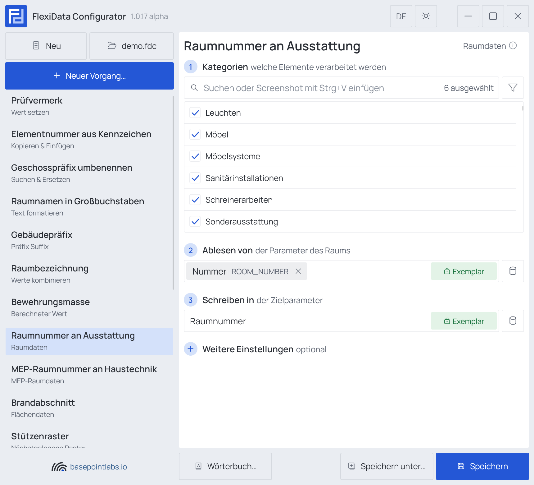 Ein Vorgang „Raumdaten“, ausgefüllt wie im Beispiel, Weitere Einstellungen eingeklappt