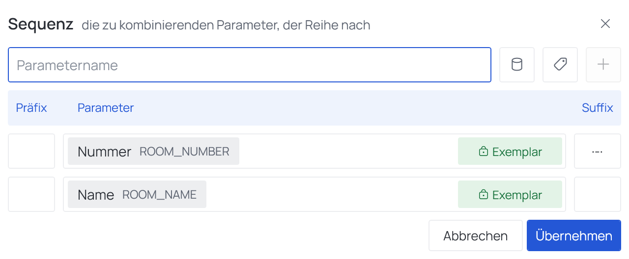 Der Dialog „Sequenz“: das Feld zum Hinzufügen eines Parameters, darunter eine Zeile je Teil mit Präfix und Suffix
