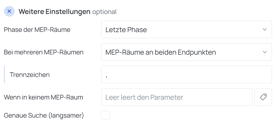 Weitere Einstellungen eines Vorgangs „MEP-Raumdaten“