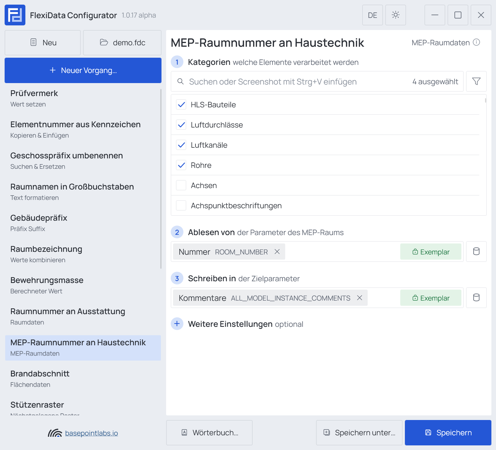 Ein Vorgang „MEP-Raumdaten“: seine Schritte, Weitere Einstellungen eingeklappt