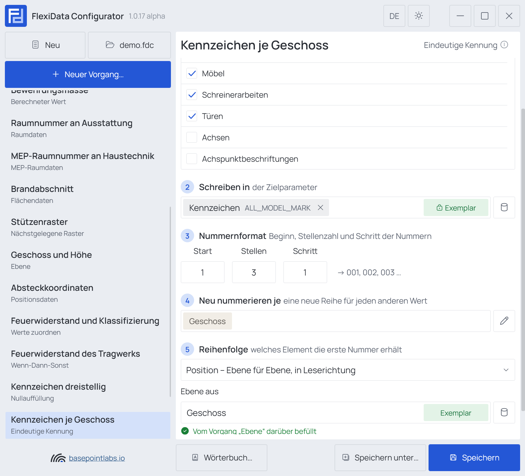 Ein Vorgang „Eindeutige Kennung“ mit Nummernformat, Neu nummerieren je und Reihenfolge, Weitere Einstellungen eingeklappt