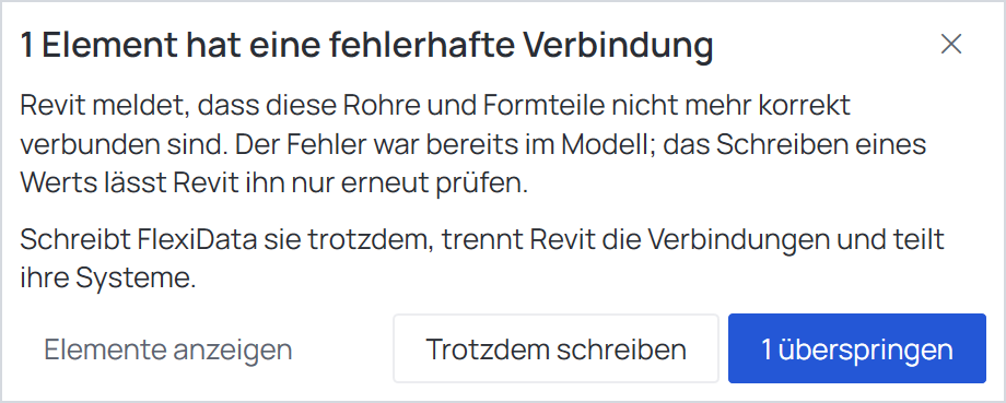 Die Frage zu einem Element mit fehlerhafter Verbindung: Elemente anzeigen, Trotzdem schreiben, 1 überspringen