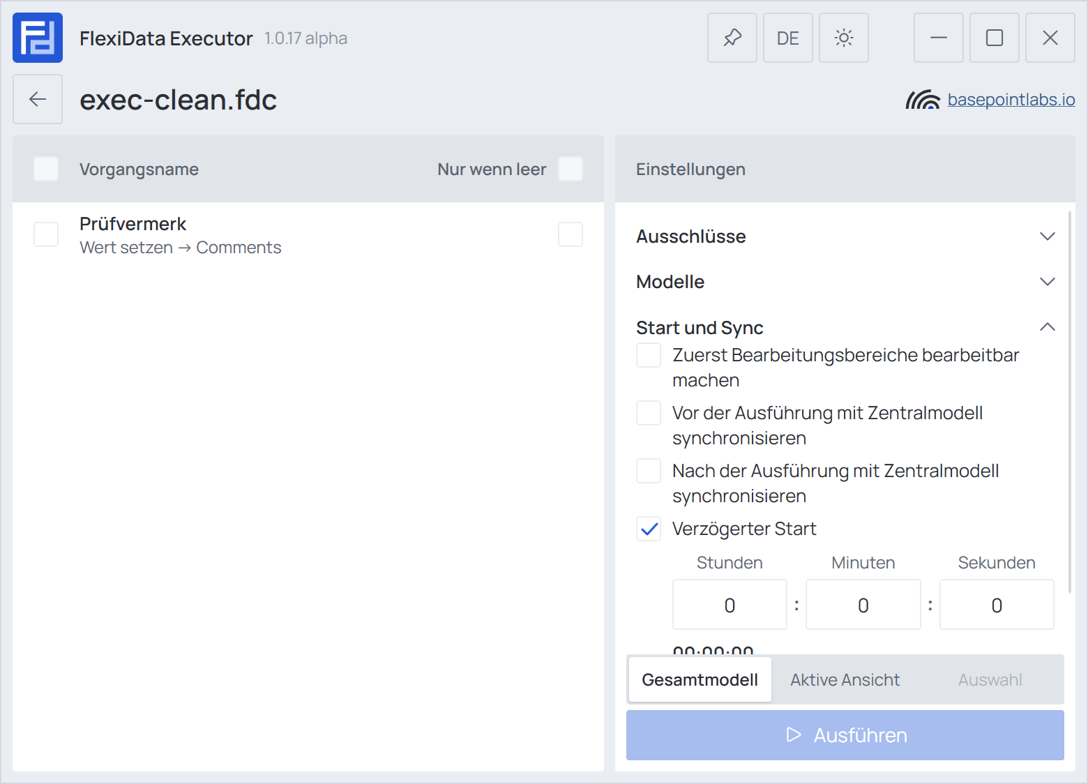 Start und Sync aufgeklappt mit angehaktem Verzögerter Start: die Felder Stunden, Minuten und Sekunden und der Hinweis darunter