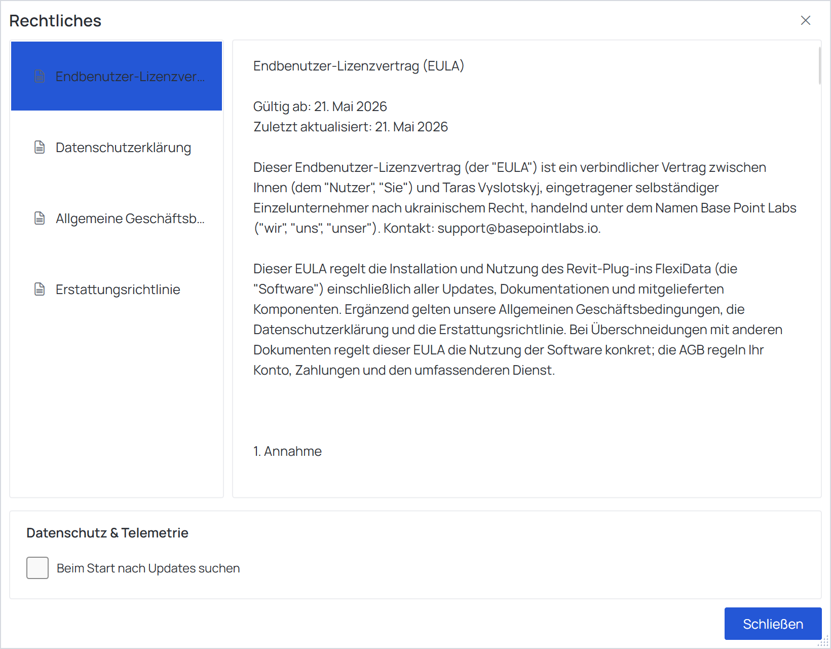 Das Fenster Rechtliches des Executors: links die Dokumente, rechts das gewählte
