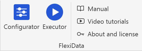 Die Gruppe FlexiData in der Multifunktionsleiste: Configurator, Executor und die drei kleinen Schaltflächen Handbuch, Video-Tutorials, Info und Lizenz