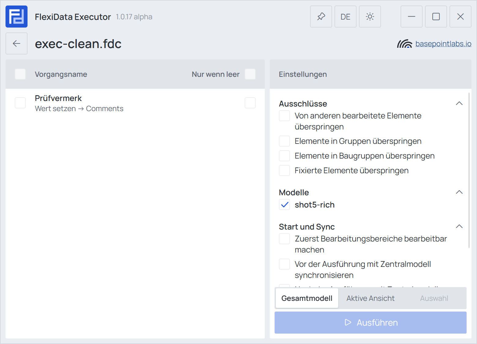 Einstellungen mit aufgeklappten Ausschlüsse, Modelle und Start und Sync