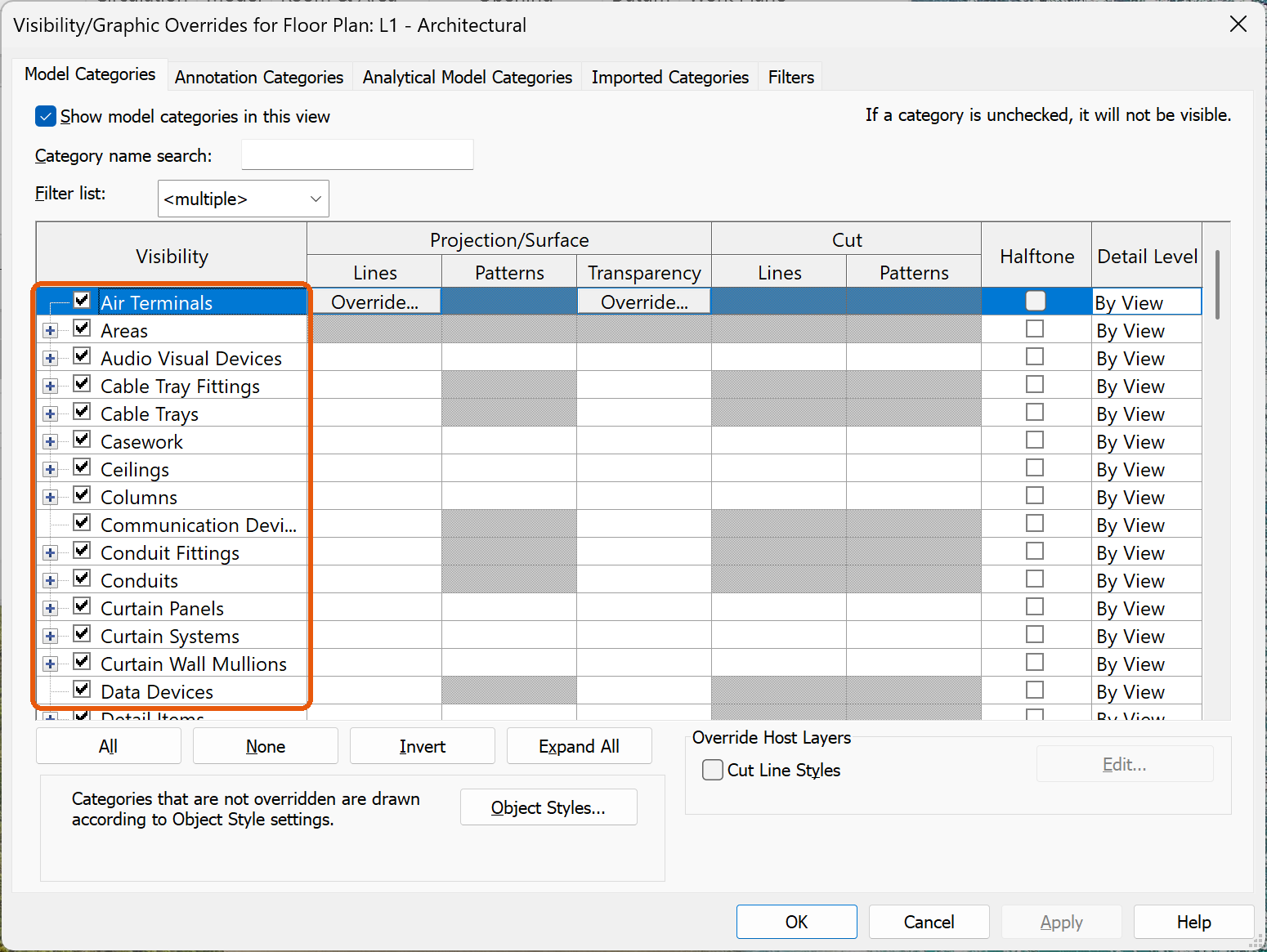 Der Revit-Dialog Sichtbarkeit/Grafiken (hier ein englisches Revit: Visibility/Graphic Overrides, Model Categories): die Spalte der Kategorienamen umrahmt – der aufzunehmende Bereich