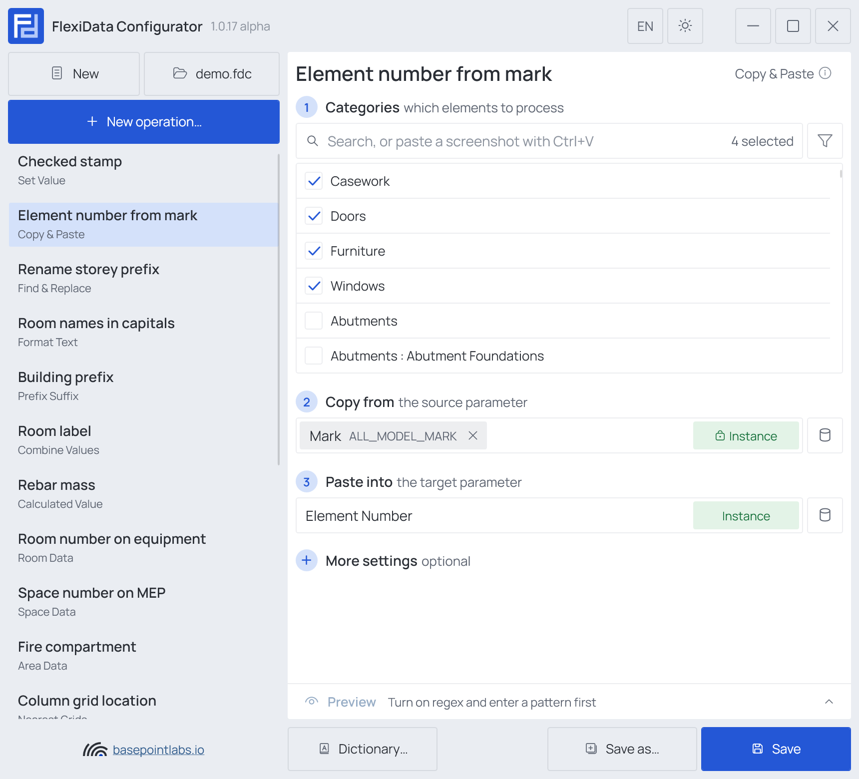 A Copy & Paste operation: its steps, More settings folded