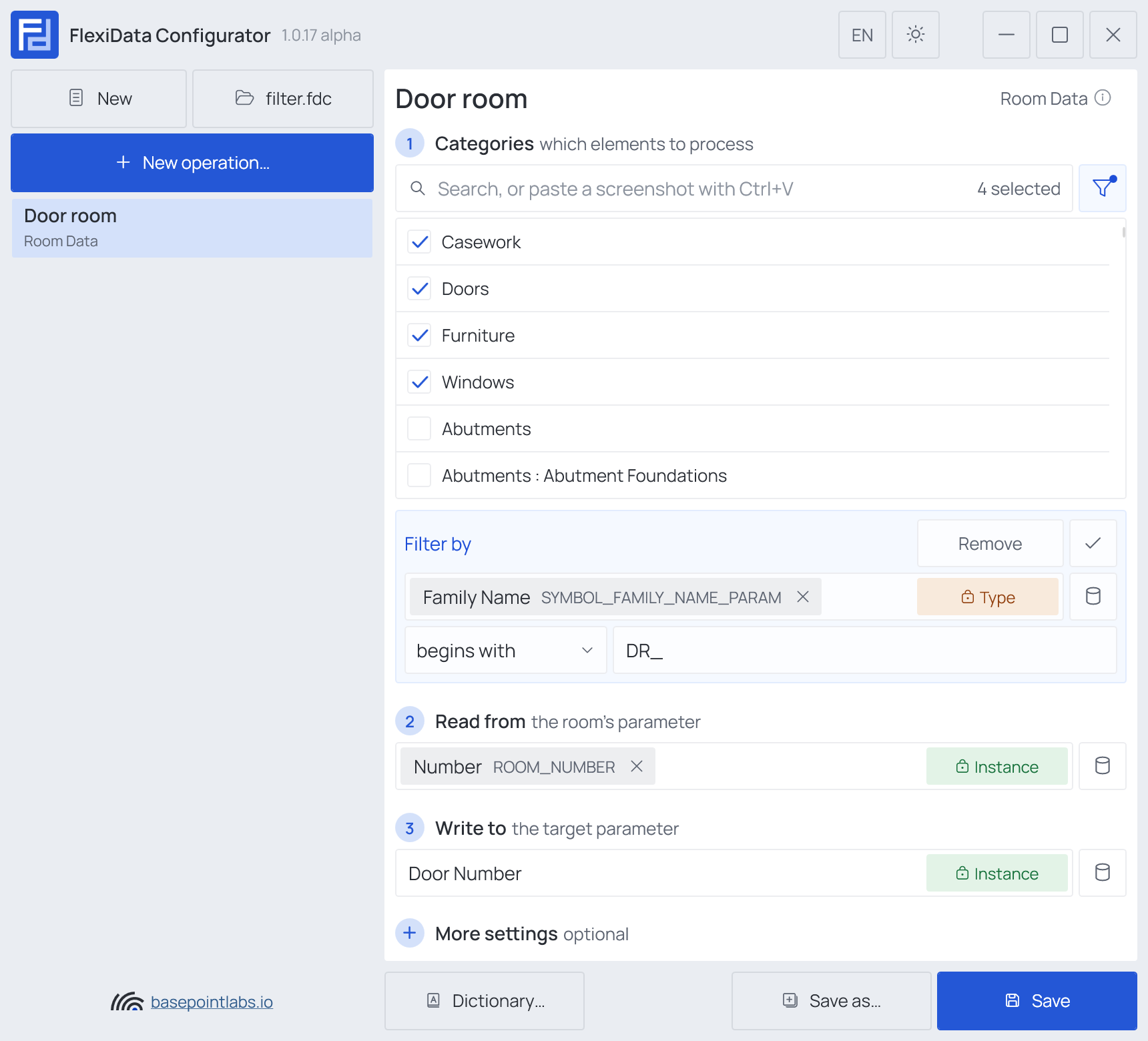 The filter editor open under the category list: parameter, condition and value
