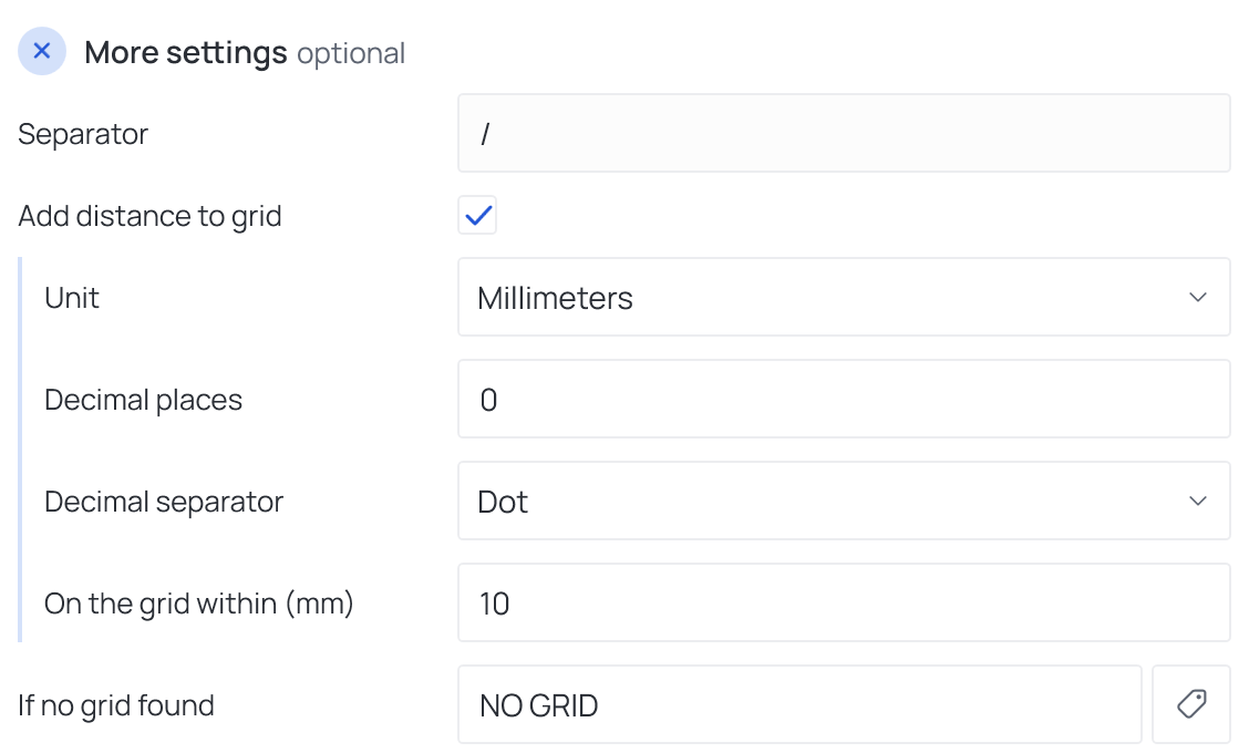More settings of a Nearest Grids operation with Add distance to grid on