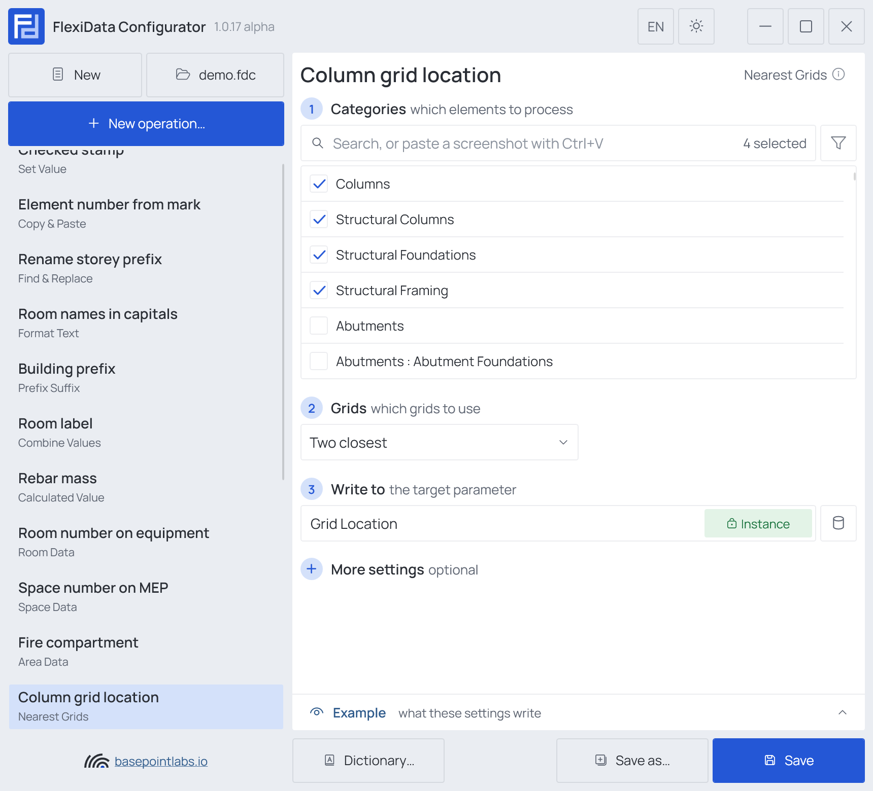 A Nearest Grids operation: its steps, More settings folded