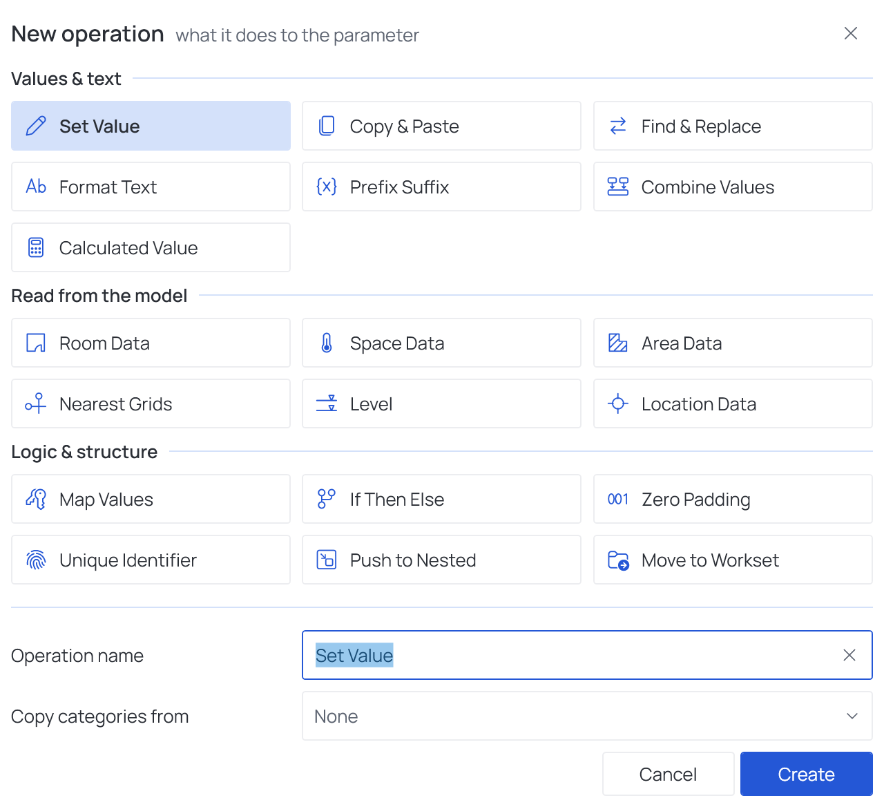The New operation dialog: tiles in their groups, Operation name and Copy categories from at the bottom, Cancel and Create
