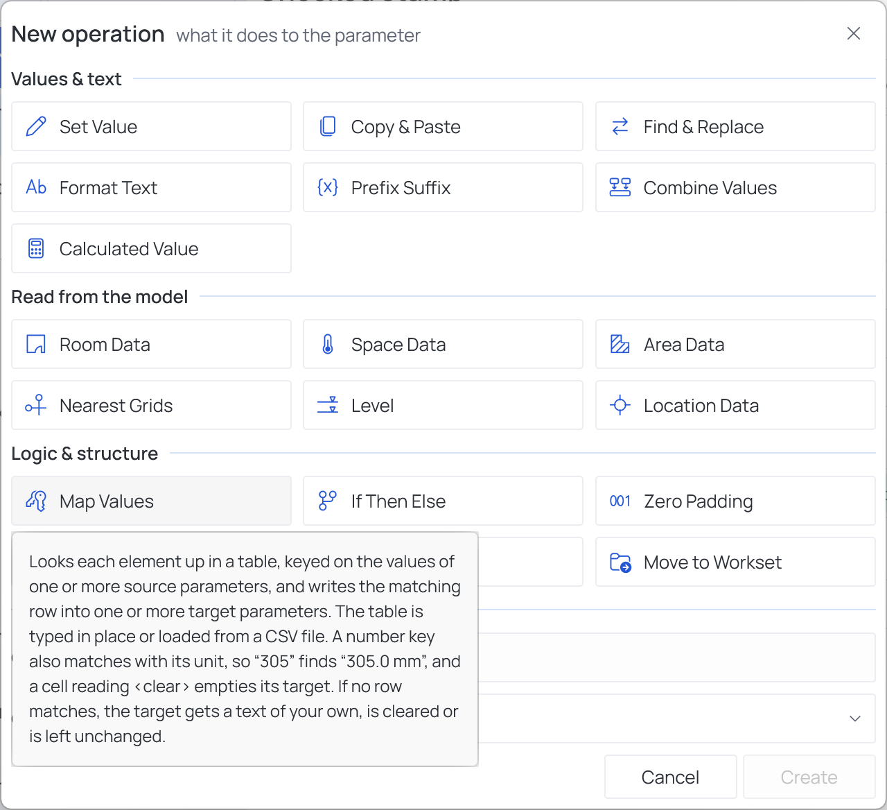 The New operation dialog with its three groups of tiles, the pointer resting on Map Values so its description shows
