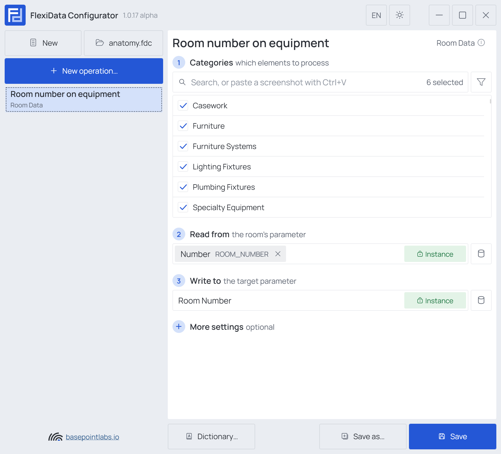 A Room Data operation in the Configurator: six equipment categories at once, the room parameter it reads and the parameter it writes