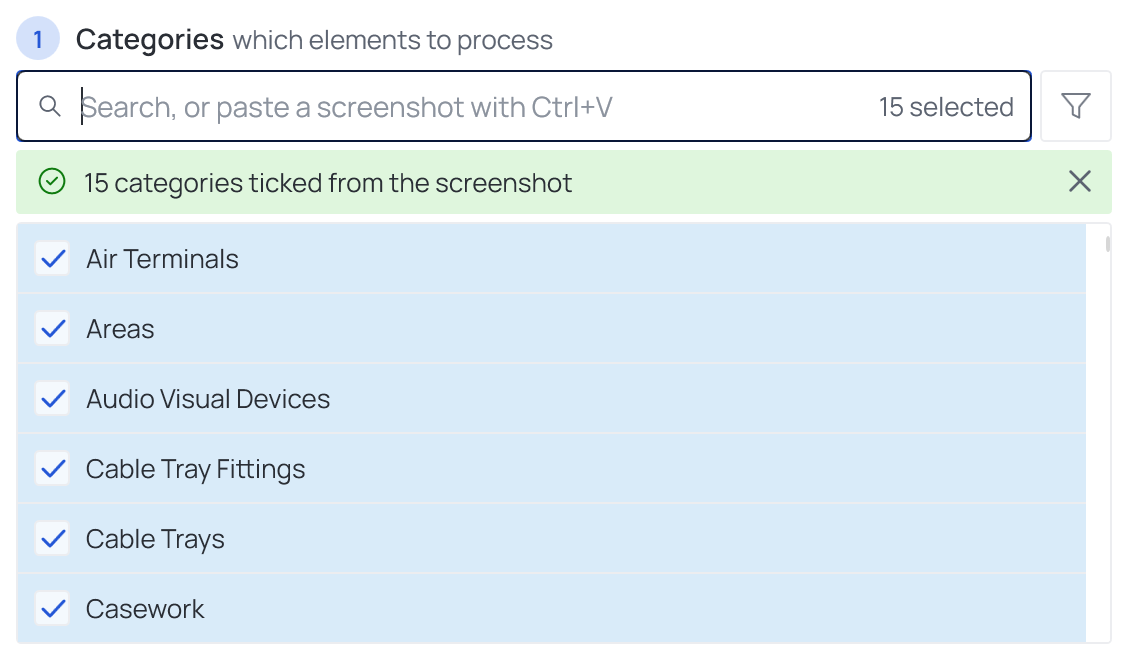 The same fifteen categories ticked in the Configurator: 15 categories ticked from the screenshot, 15 selected, the new rows tinted at the top
