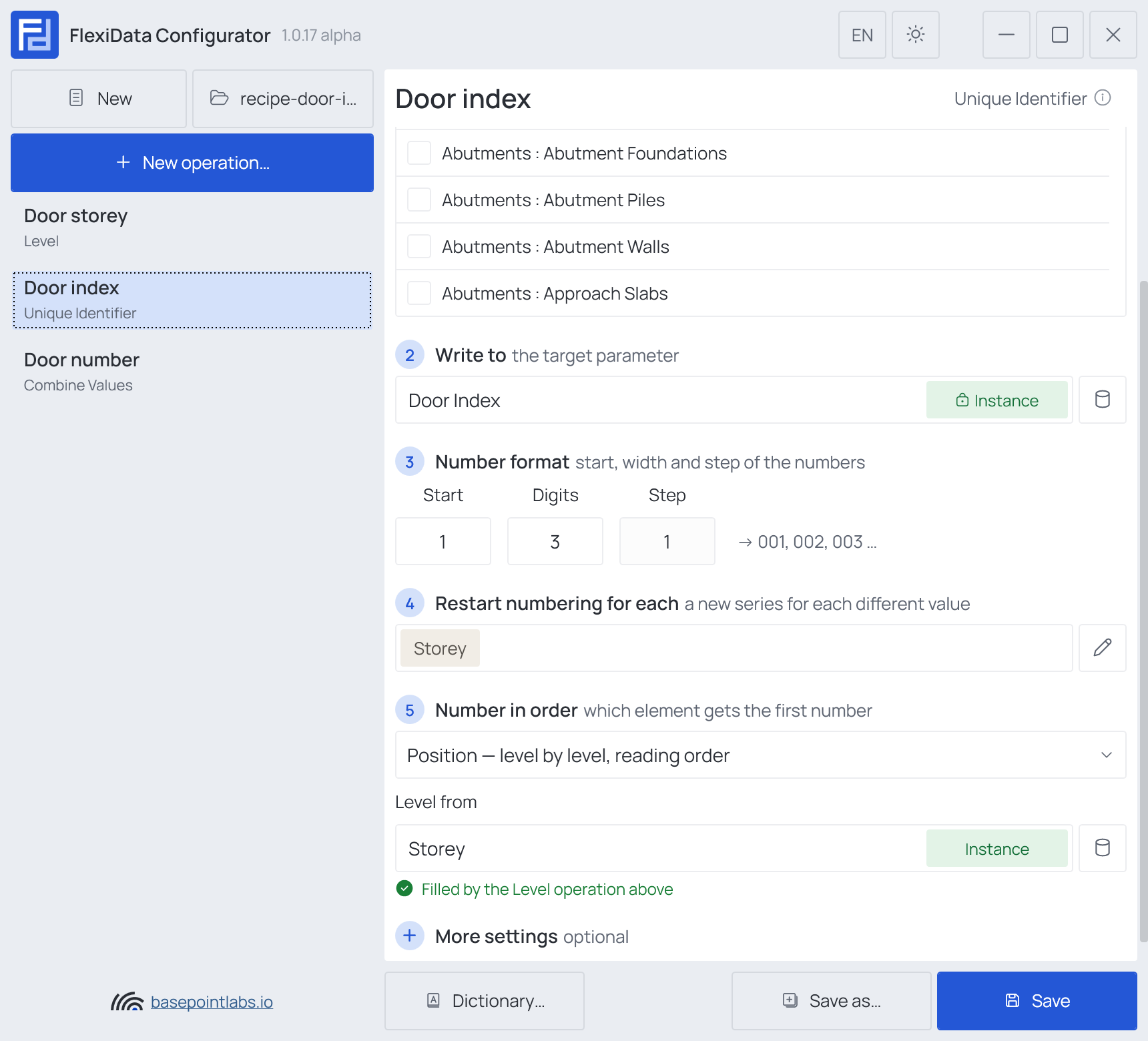 The three operations in the list, Door index selected with Restart numbering for each and Level from filled in