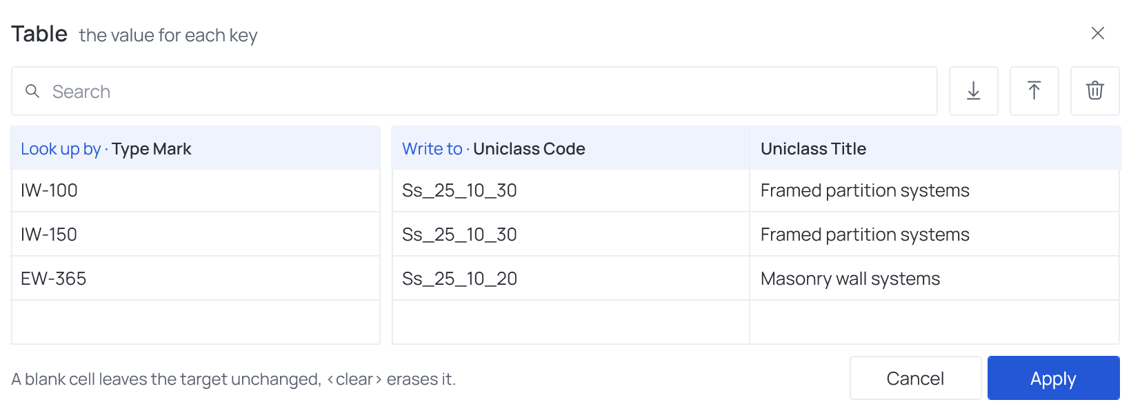 The Table dialog of this recipe after the import: three rows, Look up by and Write to side by side