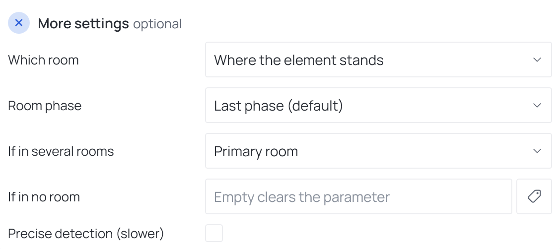 More settings of a Room Data operation with Which room expanded