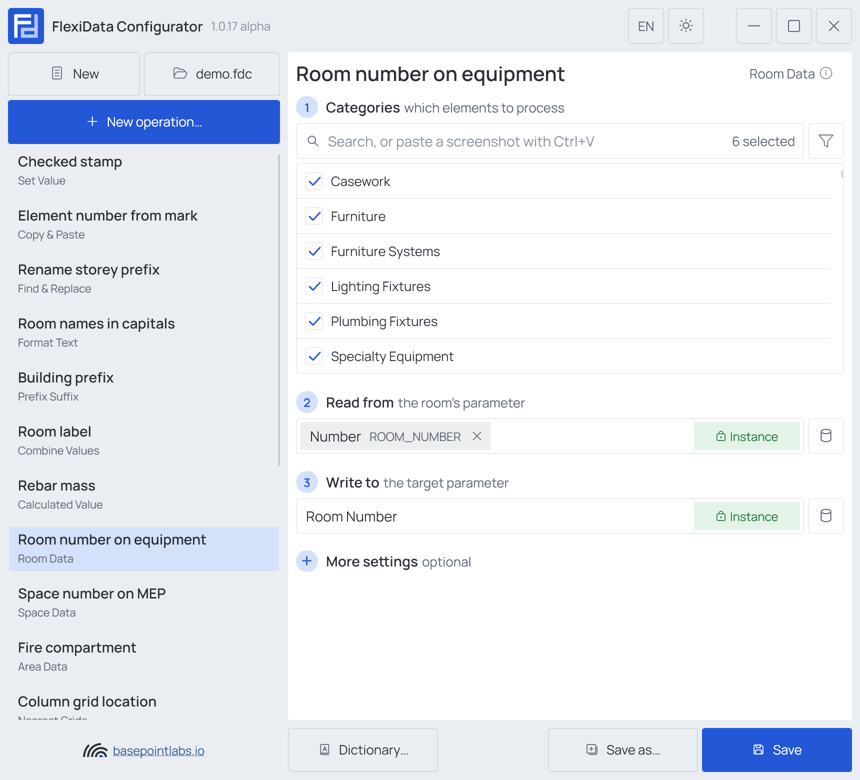 A Room Data operation filled in as in the example, More settings folded