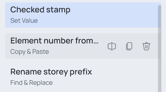 A row of the list with the pointer on it: Rename, Duplicate and Delete at its right end