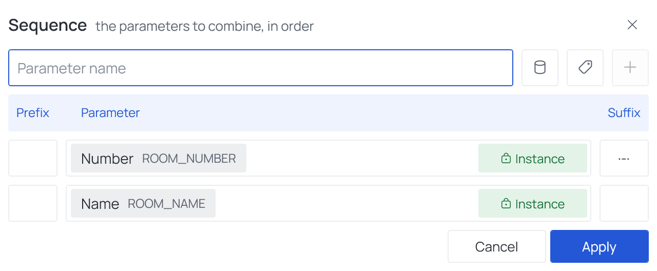 The Sequence dialog: the field to add a parameter, then one row per part with its Prefix and Suffix